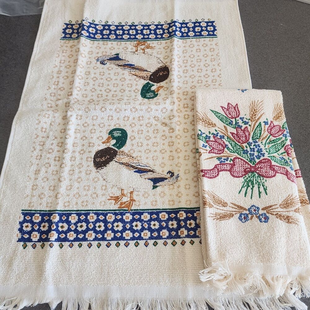 Vintage Mallard Duck & Floral Hand Towel Lot Fringe Country Cabin Kitchen Bath